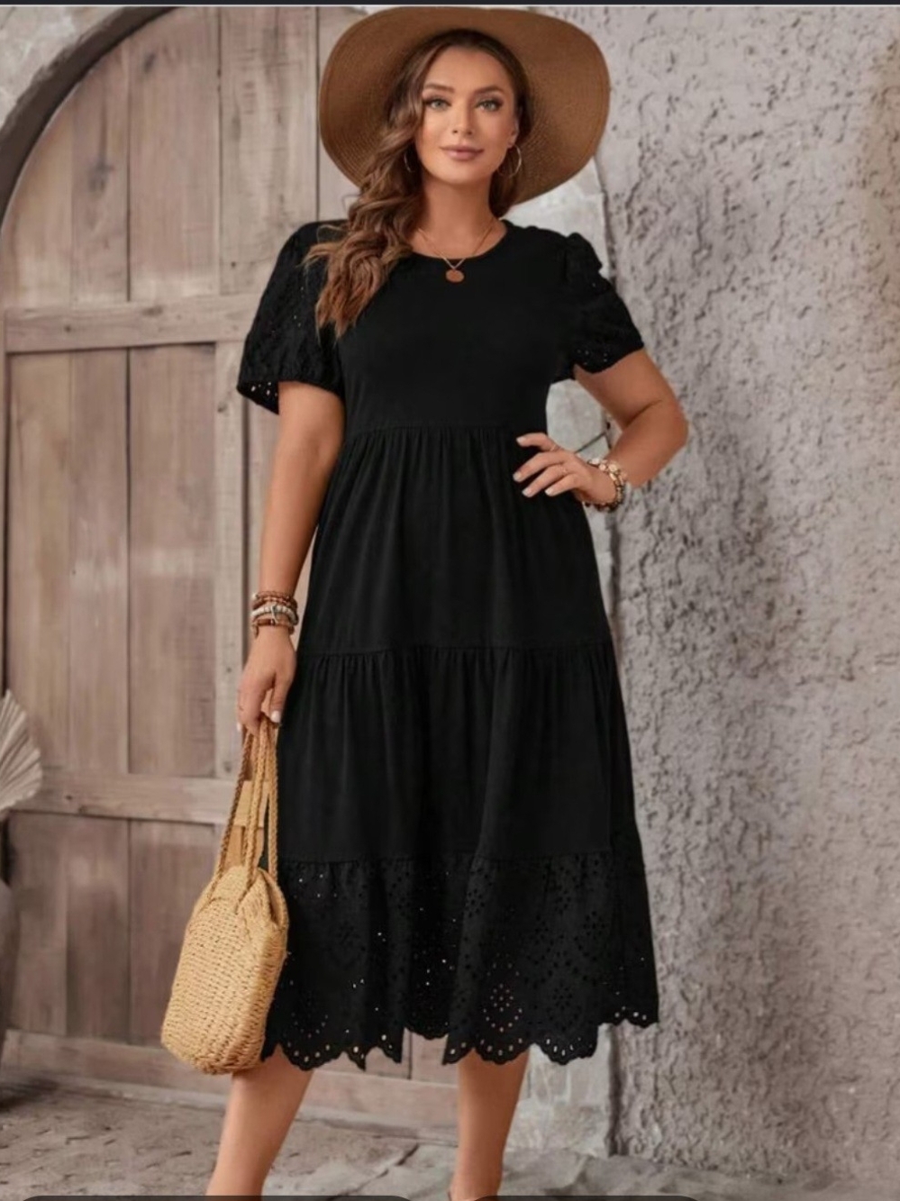 See And Be Seen Women's Black Eyelet Cotton Midi Dress with Puff Sleeves Size S
